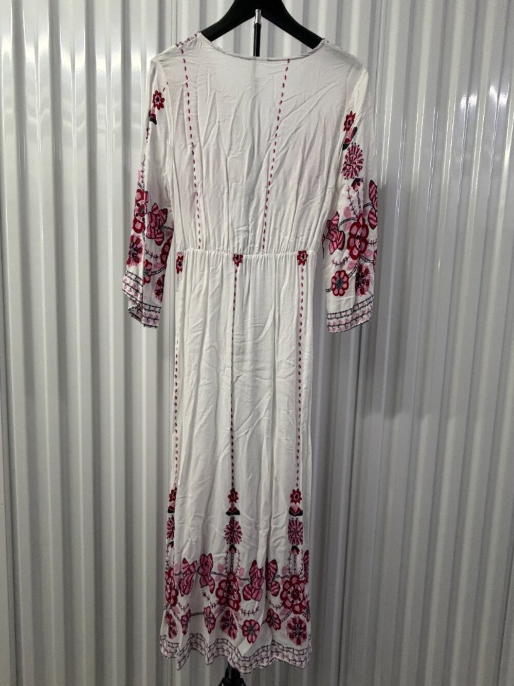 Boho Floral Embroidered Maxi Dress Womens L V-Neck Bell Sleeve Cotton 0103 - Picture 2 of 7